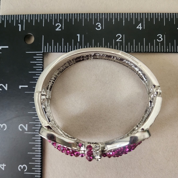 Silver with Pink and Clear CZ Bow Clamper Hinge Bling Bracelet - Picture 9 of 9